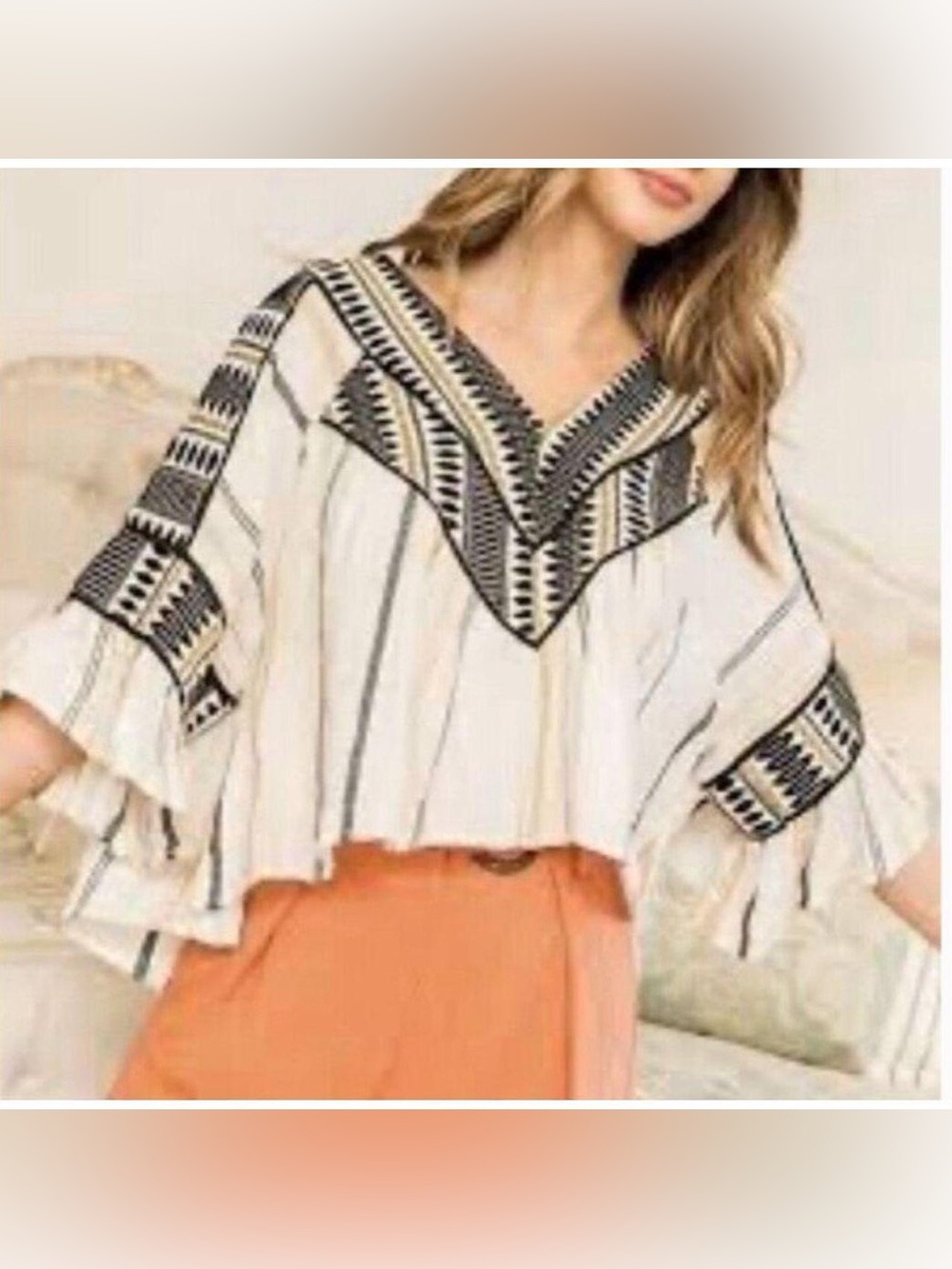 THML Boho Aztec Embroidered V-Neck Flutter Sleeve Top - Cream & Black Size Md